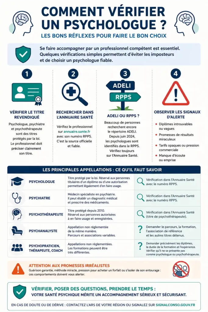 Infographie expliquant comment vérifier un psychologue : titre protégé, numéro RPPS, ancien répertoire ADELI et signaux d’alerte