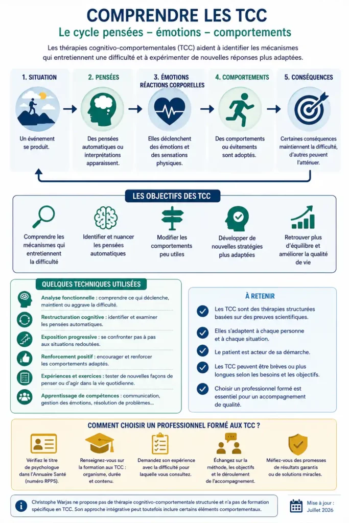 Infographie présentant le cycle TCC entre situation, pensées, émotions, réactions corporelles, comportements et conséquences