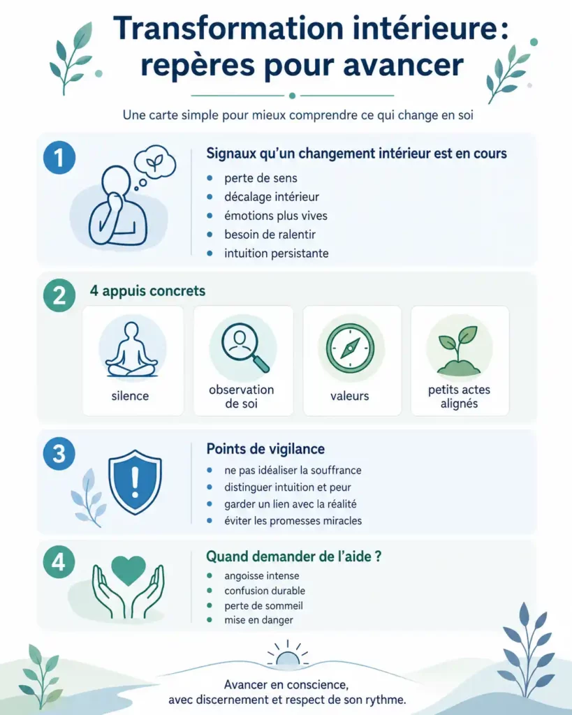 Infographie présentant les signes d’une transformation intérieure, les appuis concrets, les points de vigilance et les situations nécessitant de l’aide